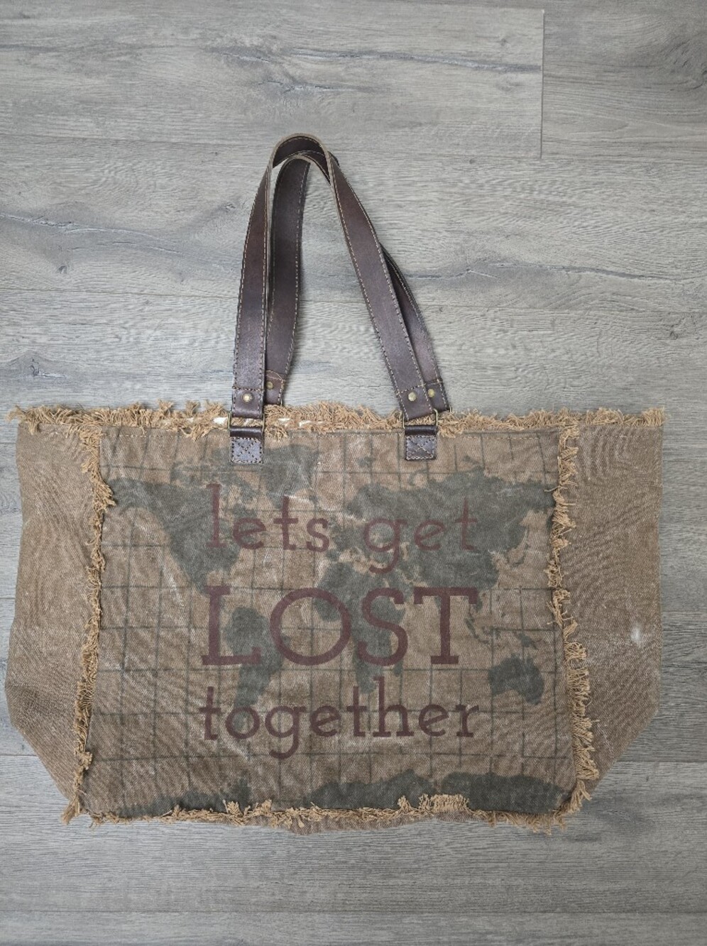 Mona B "Let's Get Lost Together" Upcycled Canvas Tote Weekender Bag Large